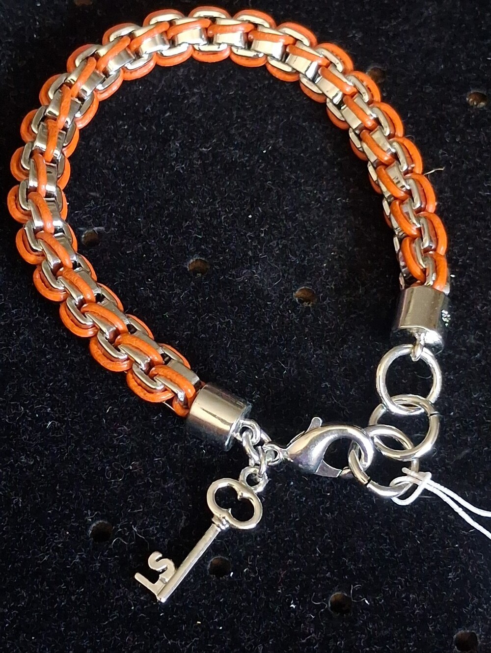 Lia Sophia Orange Braided Leather with Silver Chain Key Charm Bracelet